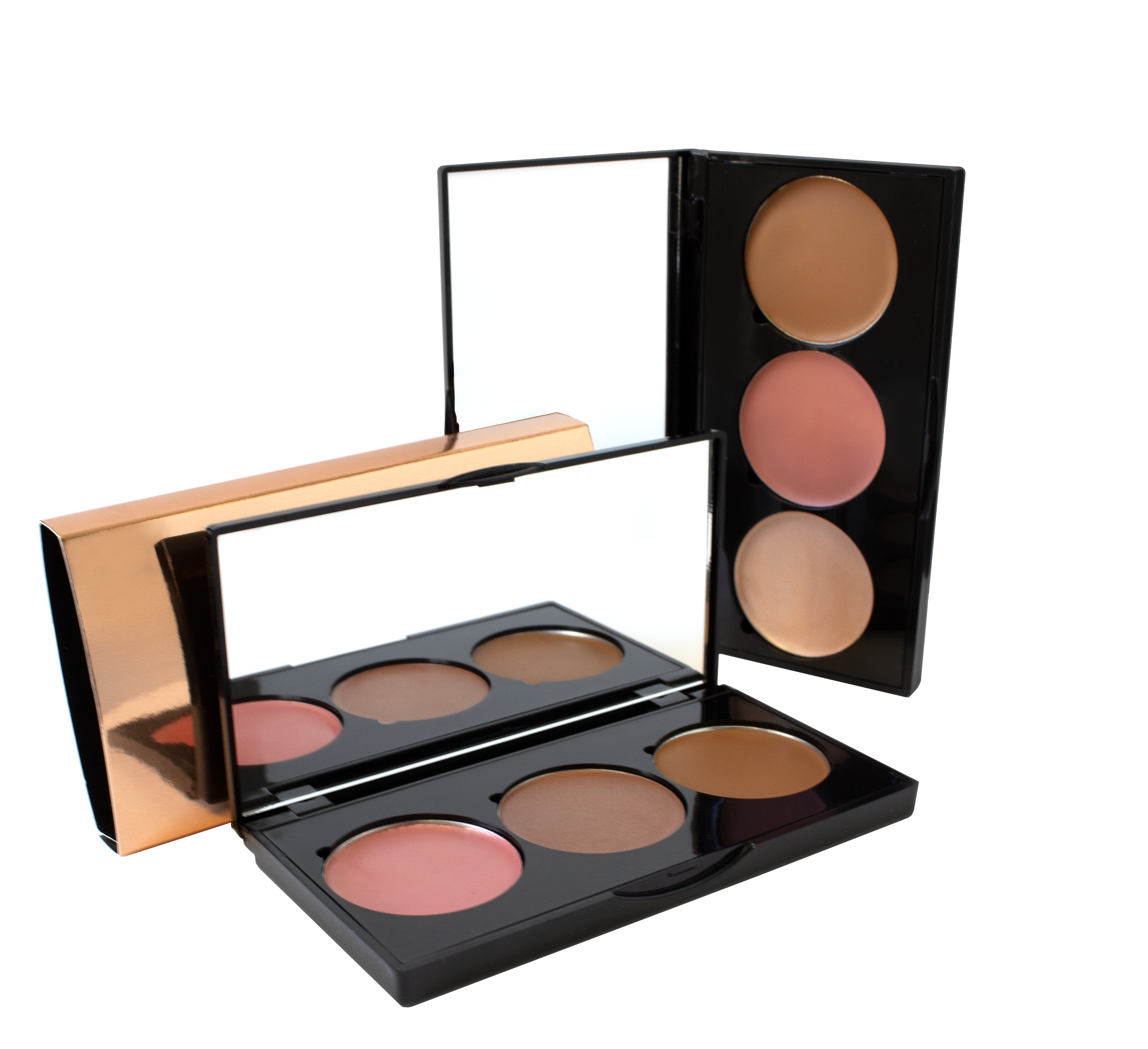 Pinnacle Cosmetics Lip & Cheek Cream Palette with three modern, blendable shades for lips and cheeks. Brandable rose gold packaging for private label beauty lines.