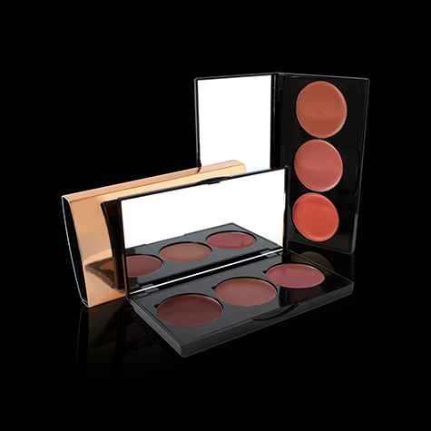 Pinnacle Cosmetics Lip & Cheek Cream Palette with three modern, blendable shades for lips and cheeks. Brandable rose gold packaging for private label beauty lines.