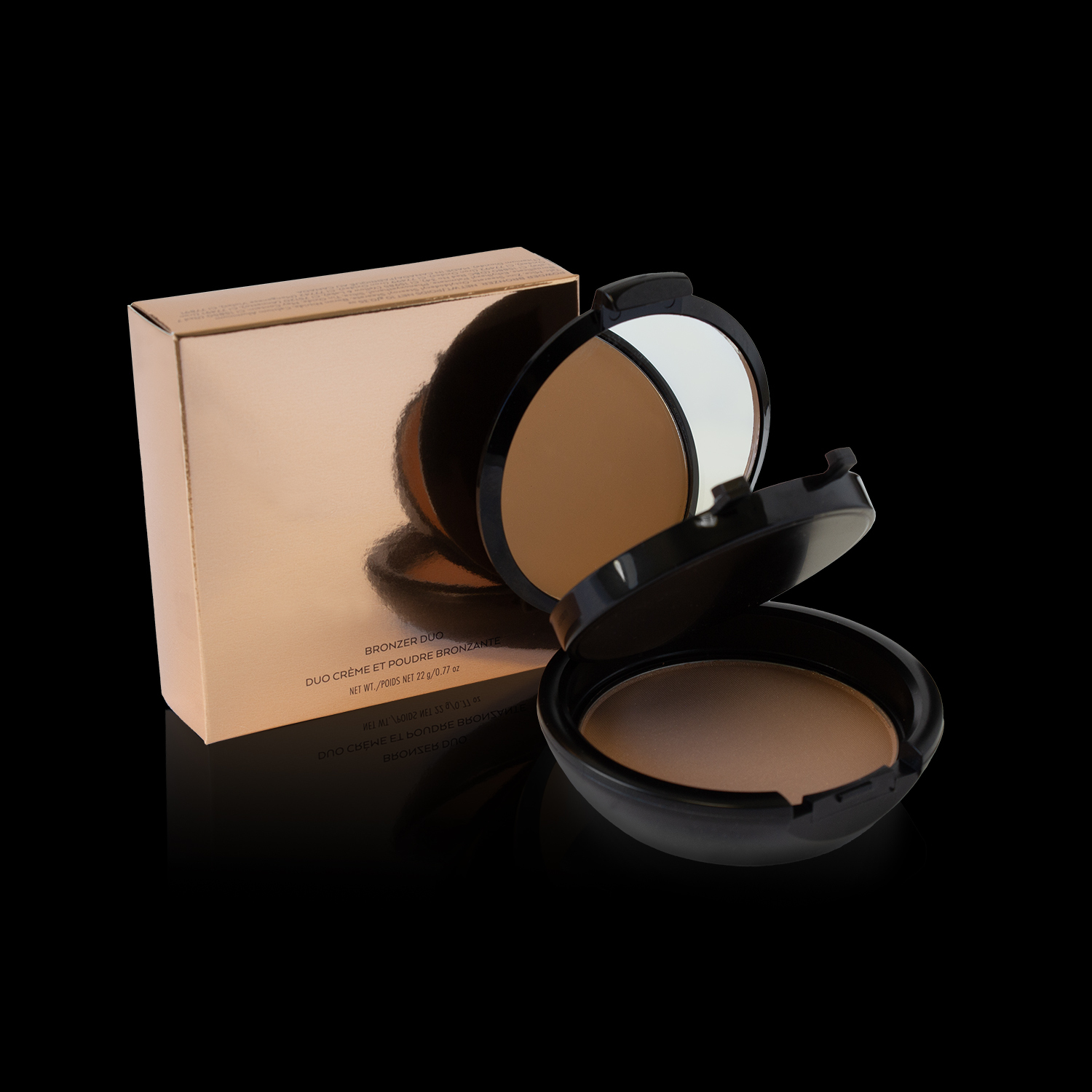 Pinnacle Cosmetics Bronzer Duo with cream and powder bronzers in a sleek mirrored compact. Fully brandable for private label beauty brands to sculpt, define, and glow.