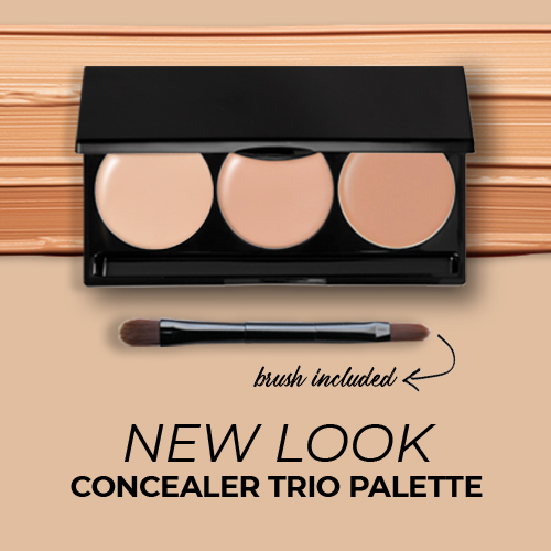 Palette with 3 concealer shades, duo-ended brush and custom logo on lid.