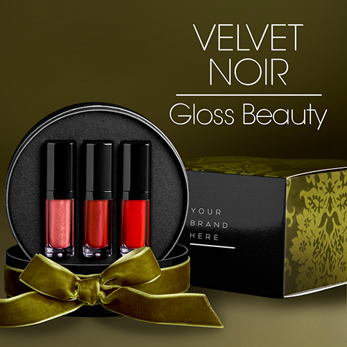 Gloss Beauty Holiday Gift Set – lip gloss trio in black damask holiday box with velvet ribbon