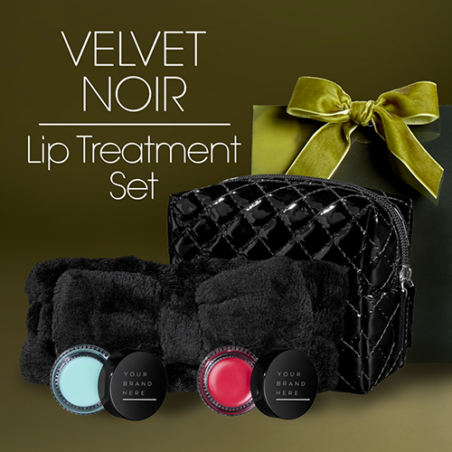 Smooth Talk Lip Treatment Set – lip balm, scrub, and headband in quilted black cosmetic bag, holiday skincare gift