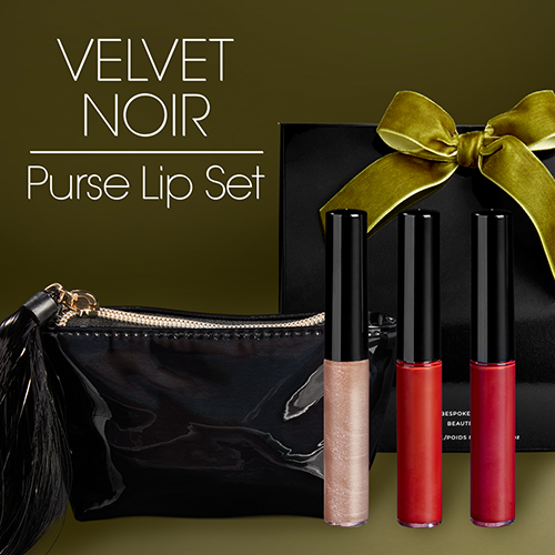 Holiday Lip Set Kit – mini lip trio collection in shiny black purse with green velvet bow, luxury holiday makeup gift set