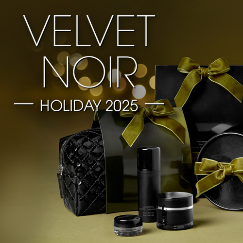 Velvet Noir Holiday 2025 Collection – luxury holiday makeup and skincare gift sets with shiny black packaging, olive velvet bows, damask and abstract prints, curated for high-margin holiday retail.