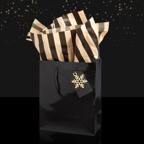 HOLIDAY 2023 - MEDIUM SHINY BLACK <BR>GIFT BAG WITH TISSUE, SNOWFLAKE & TAG